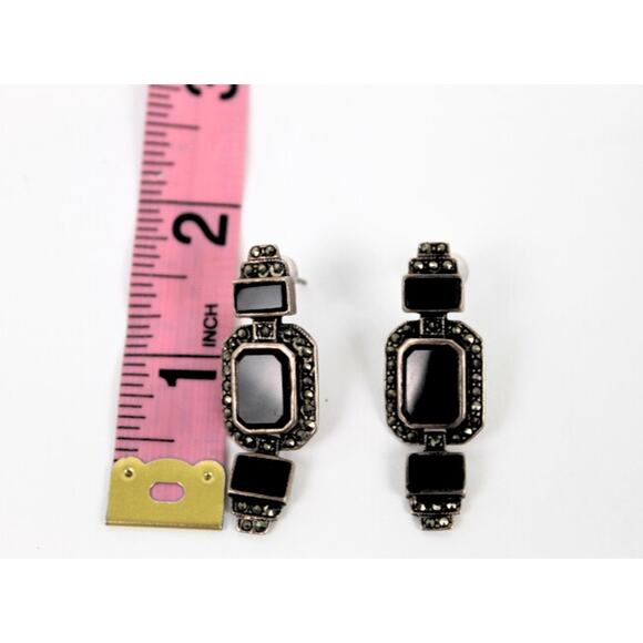 Vintage Sterling Silver Black Onyx Marcasite Dangle Earrings 1930's Art Deco - Picture 3 of 5